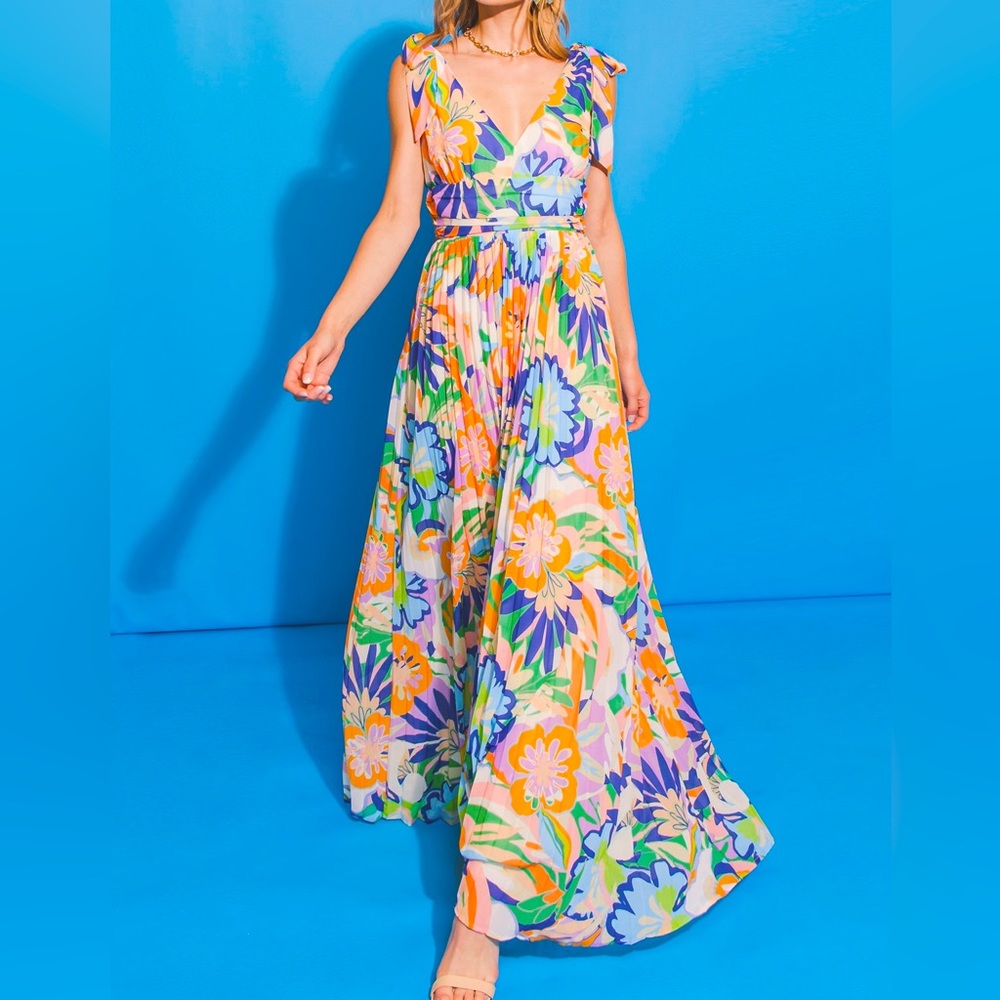 Colorful Floral Woven Shoulder Tie Pleated Maxi Dress